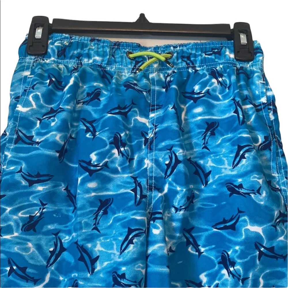 Nautical Shark Print Boys’ Turquoise Swim Trunks